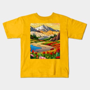 Stained Glass Colorful Mountain Meadow Kids T-Shirt